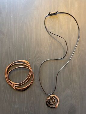 Fossil Bronze-Tone Layered Ring Pendant Necklace with Matching Bangles